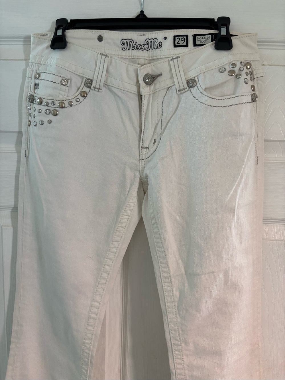 Miss Me white boot cut jeans with silver embellishments